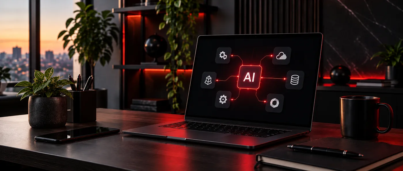 Ilustração de inteligência artificial conectada a ferramentas e dados